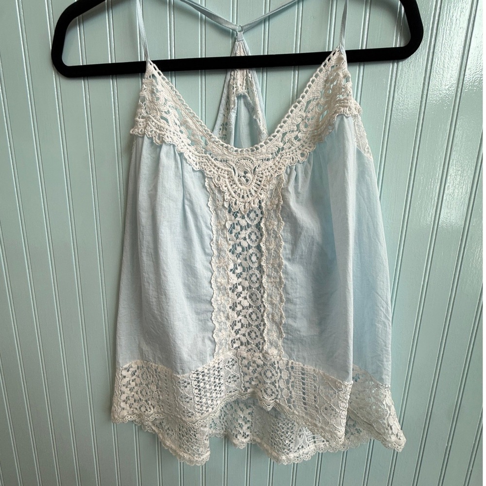 In Bloom by Jonquil Robin's Egg Blue Crochet Lace Cami Top Racerback‎ Boho - Picture 2 of 6